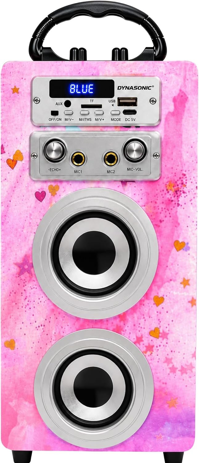 DYNASONIC Karaoke mit 2 Mikrofonen, tragbarer Karaoke-Maschine, Bluetooth-Lautsprecher, USB- und SD-