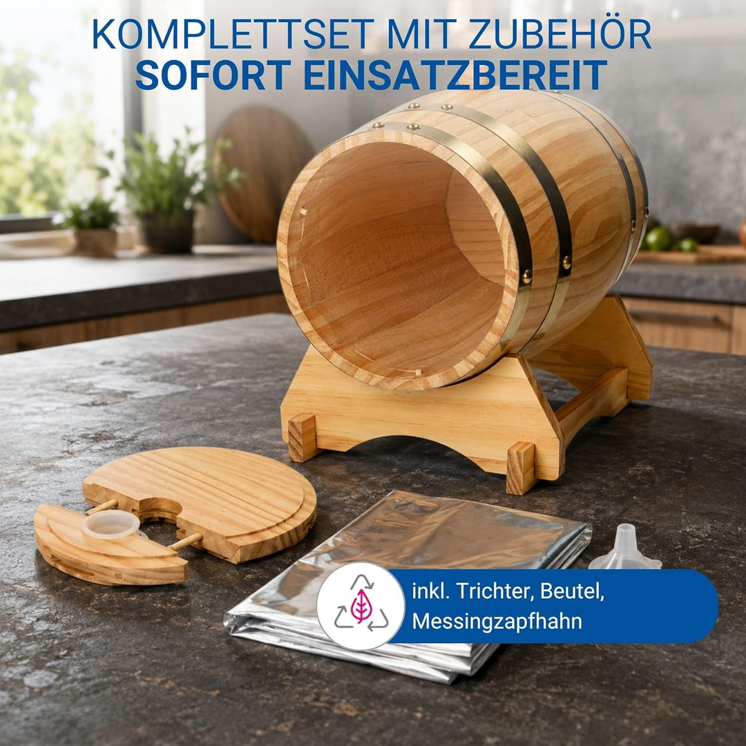 Holzfass 'Timber' 1 l - kleines Weinfass mit Zapfhahn, Beutel und Bock - dekoratives Fass für Whisky