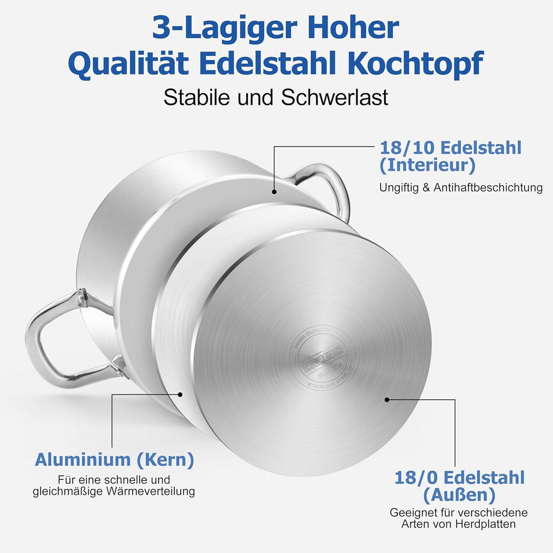 Homikit Kochtopf Gross 6,6L, Topf Induktion mit Glasdeckel, Nudeltopf Fleischtopf aus 3-Lagen Edelst