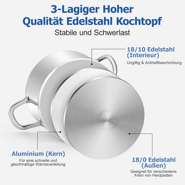 Homikit Kochtopf Gross 6,6L, Topf Induktion mit Glasdeckel, Nudeltopf Fleischtopf aus 3-Lagen Edelst