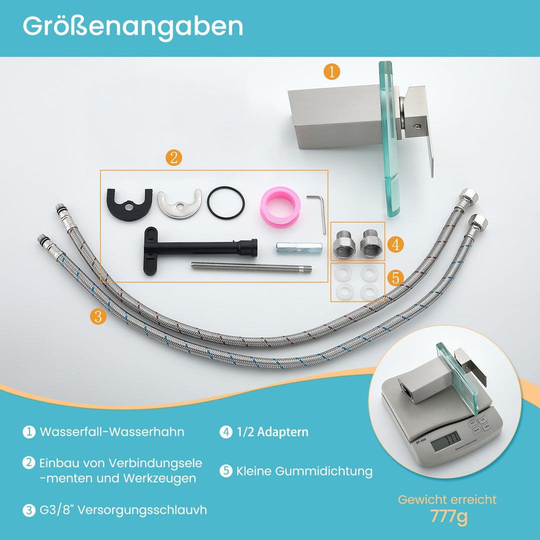 Wasserhahn Bad,Wasserfall Armatur Badezimmer Glas,Einhand-Waschtischarmatur,Gebürstet, Gebürstet