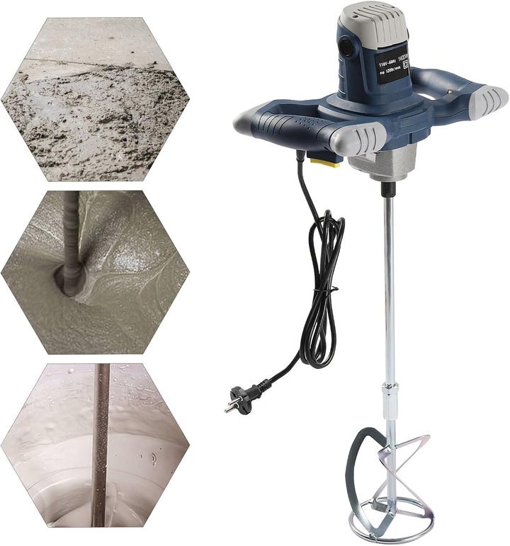 Rührgerät Elektrisch 1400W, 6-Stufen Betonmischer 0–1200 U/min, Mörtelrührer mit Doppelspirale, Alu-