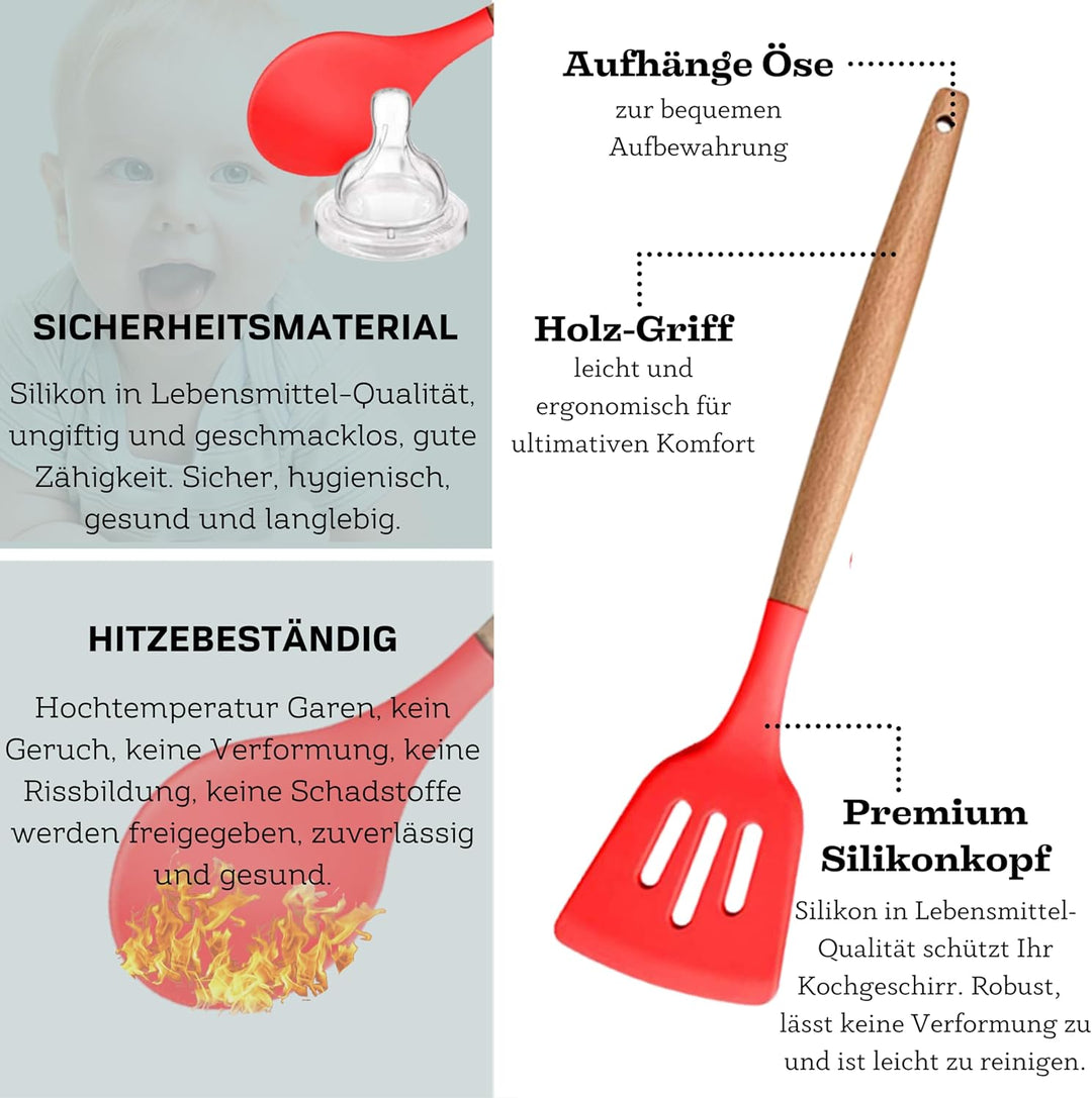 Faizee Möbel 12 tlg. Küchenhelfer Set Silikon Kochbesteck mit Holzgriff Rot, Rot