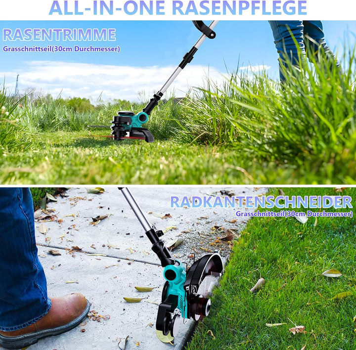 Rasentrimmer mit Akku 21V 1000W Bürstenloser Motor 3-in-1-Rasentrimmer, mit Akku 2 x 4000mAh mit 90°