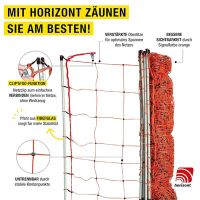 horizont strongLine Schafzaun 50m, 90cm hoch -14 Fiberglaspfähle Schafnetz mit Doppelspitze - mit St