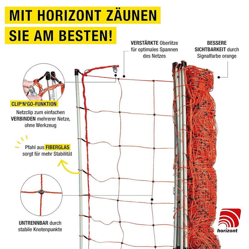 horizont strongLine Schafzaun 50m, 90cm hoch -14 Fiberglaspfähle Schafnetz mit Doppelspitze - mit St