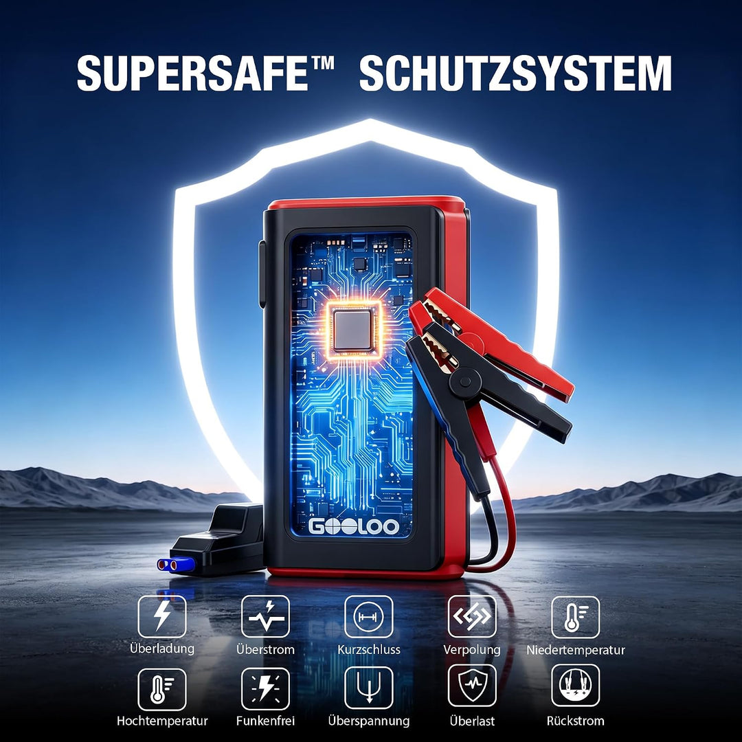 GOOLOO GE2000 2000A Starthilfe Powerbank, Supersafe USB-Schnellladung Schwarz, Schwarz