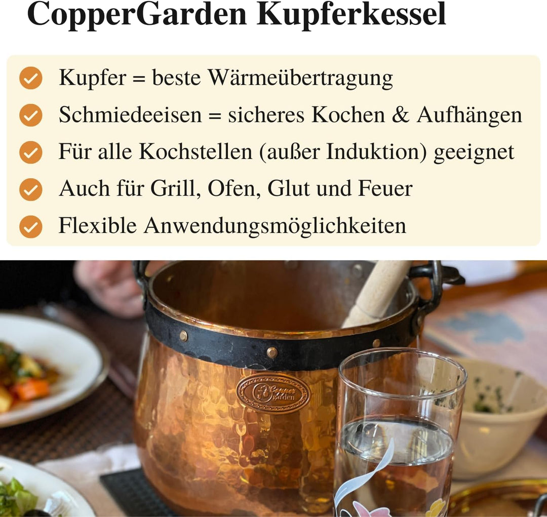 CopperGarden Kupferkessel 20 Liter I Hexenkessel mit Henkel &amp; Deckel I Handgeschmiedeter Kessel aus