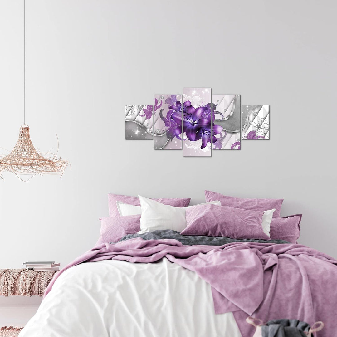 Runa Art Wandbilder Blumen Lilien 5 Teilig Bild auf Vlies Leinwand Deko Wohnzimmer Abstrakt Violett