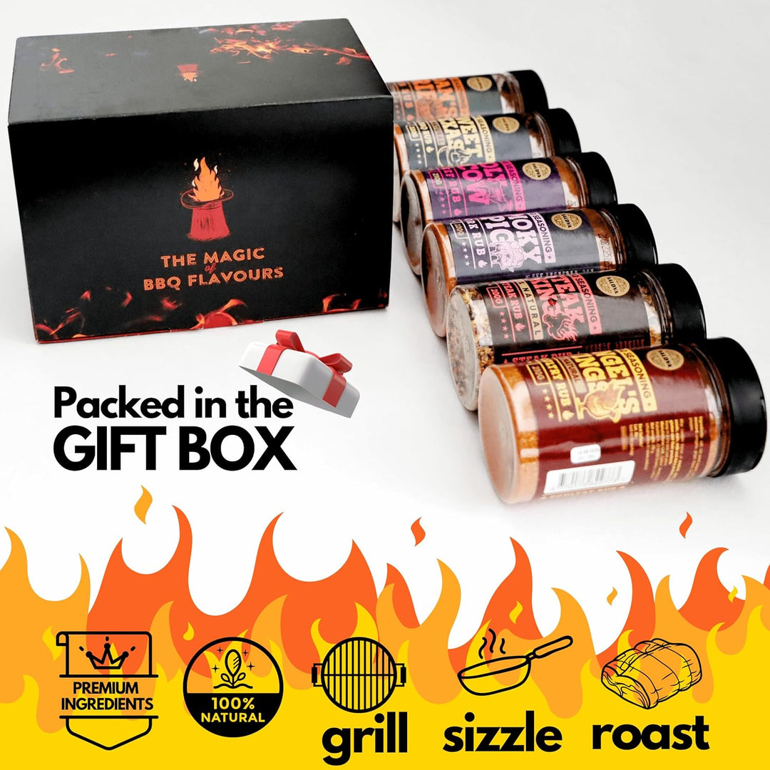 Meat Lovers BBQ Rub Geschenkset – Holy Cow, Angel’s Wings, Smoky Pig, Sweet Texas, Steak King & Adam