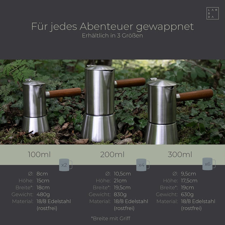 LAMBDA COFFEE® VESUV Espressokocher aus Edelstahl I Induktion geeignet I Outdoor und Indoor Mokkakan