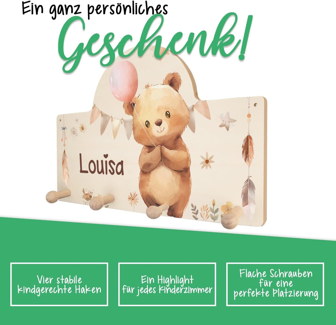 GRAVURZEILE Personalisierte Kindergarderobe - Bär - Personalisiert mit Name - Garderobe aus Holz mit