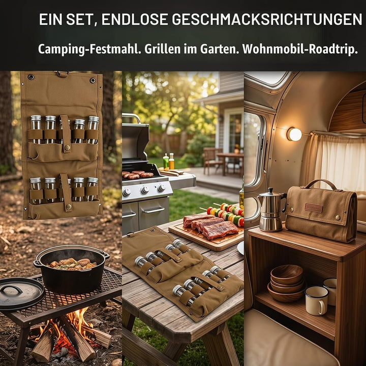 Tragbare Gewürztasche aus Segeltuch mit 10 Glasflaschen Camping Gewürzset für Outdoor BBQ, Picknick,