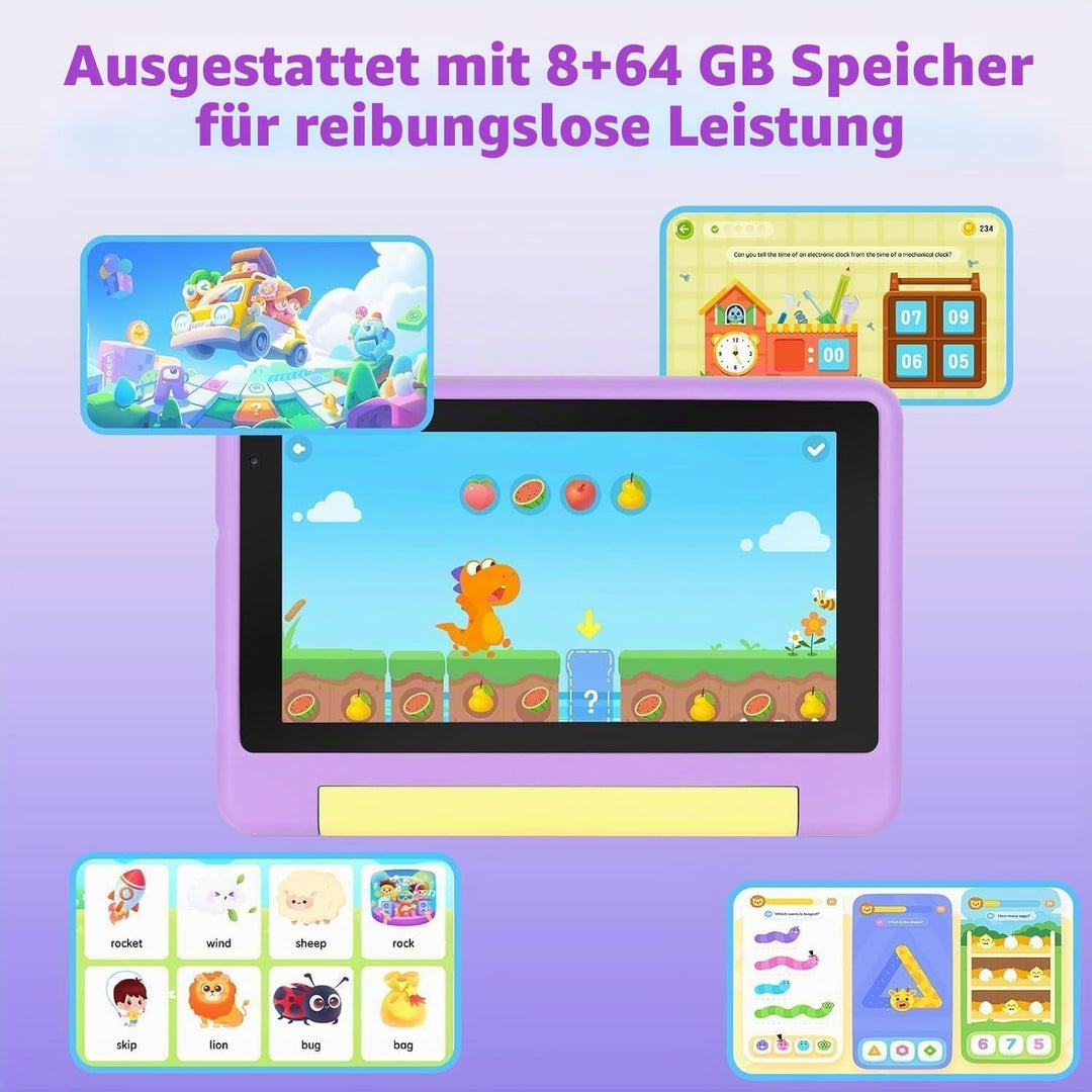 7 Zoll Kinder Tablet mit Hülle, Android Tablet für Kinder, 8GB+64GB(128GB TF Expand), 1024x600 HD Di