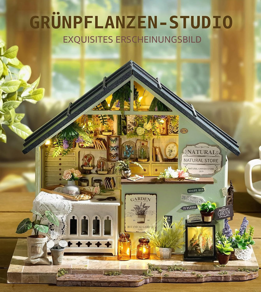 Spilay DIY Miniature House, Mini Handgefertigte Grünes Pflanzenstudio Kit Mit LED-Licht, Schutzhülle