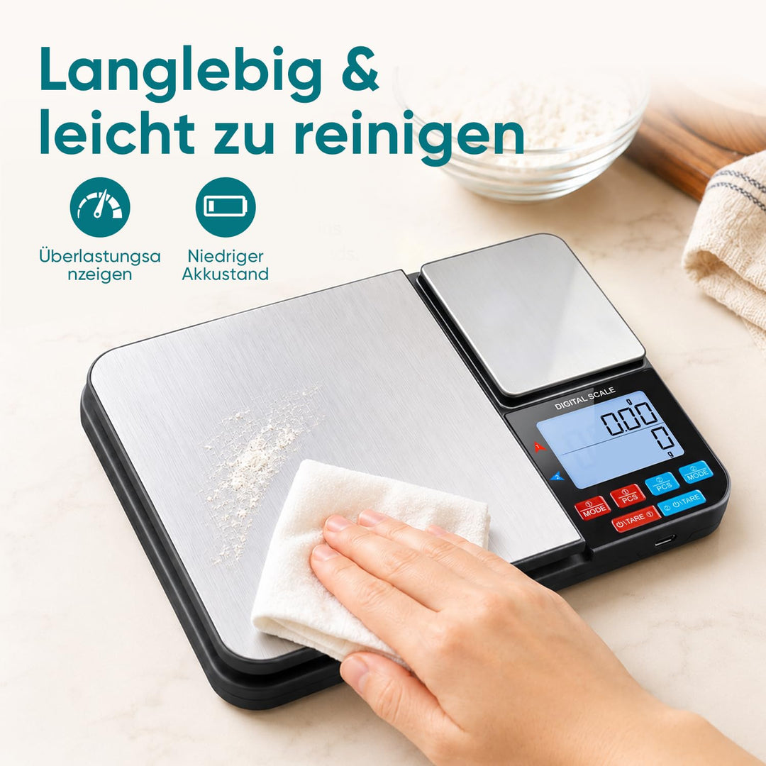 Wigearss Küchenwaage Digital mit Dual Plattform 10kg/1g und 500g/0.01g, Doppelfunktion Küchen Feinwa