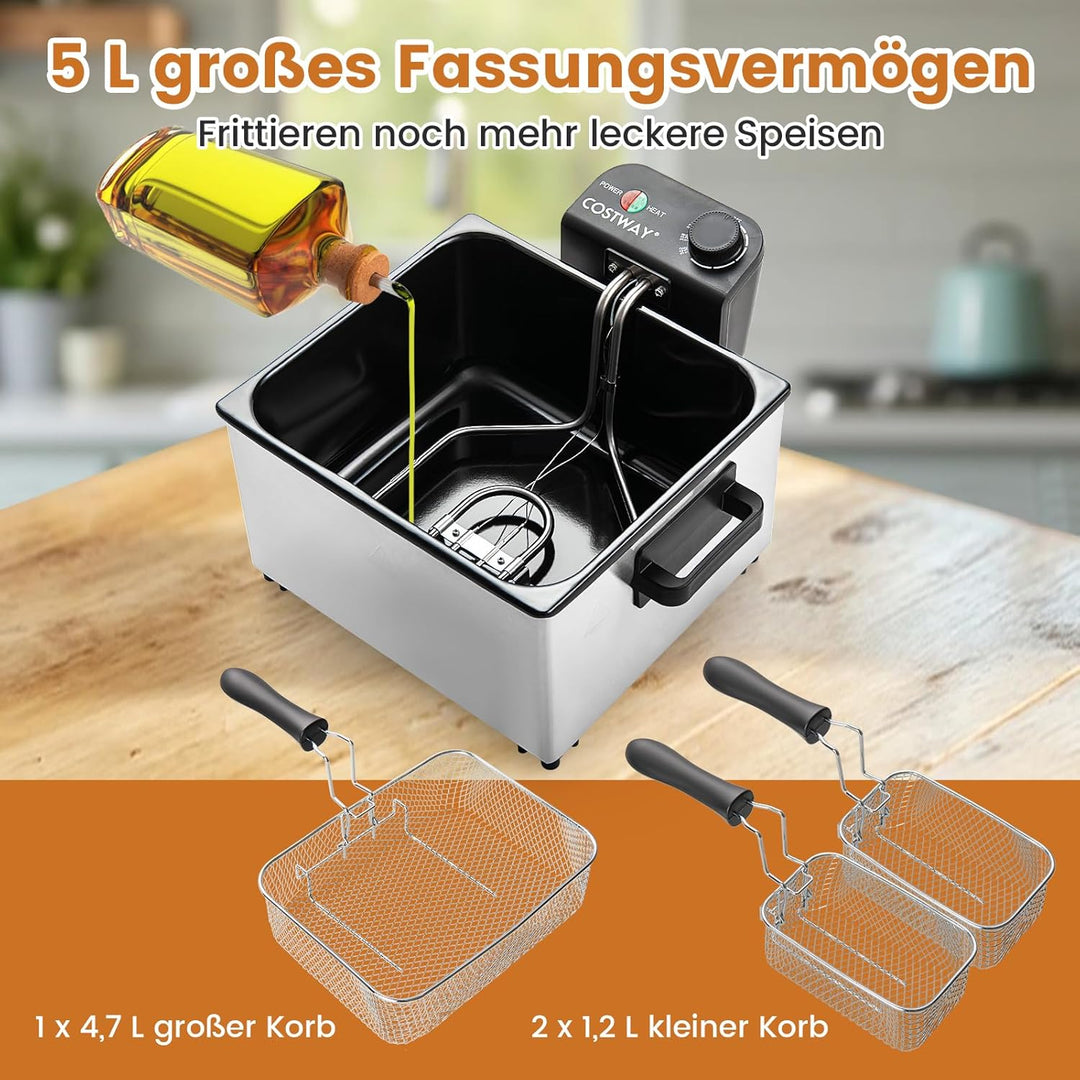 COSTWAY 2000W Elektrische Öl-Fritteuse, 5L Fritteuse Edelstahl mit 3 Frittierkörben, einstellbare Te