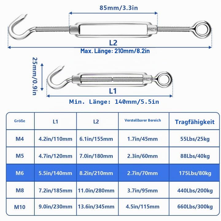 TooTaci 3mm Edelstahlseil Set, 30M/3mm Edelstahl Drahtseil Spanndraht 7×7, M6 Seilspanner Edelstahl