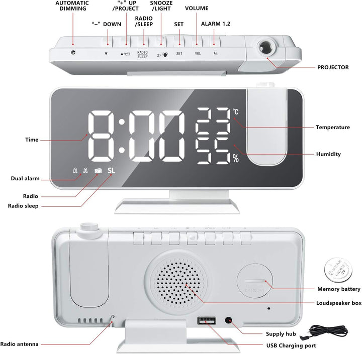 VORRINC Projektionswecker, Radiowecker Digitaler Wecker mit FM-Radio, 7" LED Spiegelbildschirm, Dual