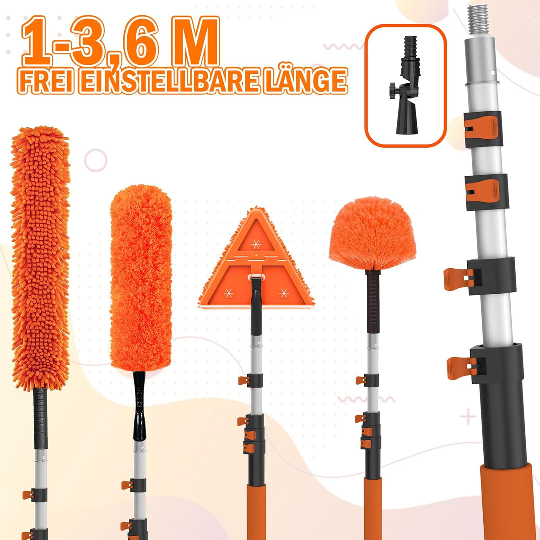 3,6m Staubwedel Teleskop, 6 Stück Spinnwebenbesen mit Teleskopstiel, Profi Fensterputzer Set und Fli
