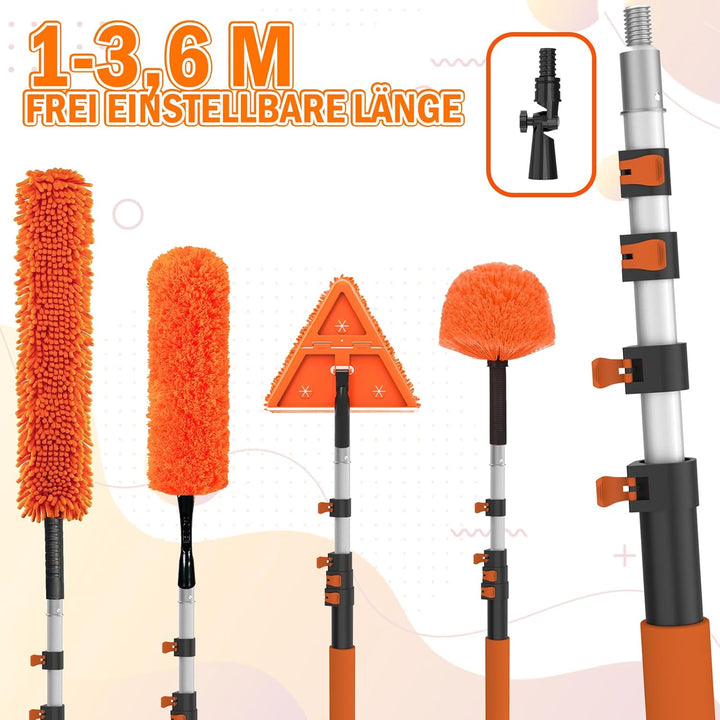 3,6m Staubwedel Teleskop, 6 Stück Spinnwebenbesen mit Teleskopstiel, Profi Fensterputzer Set und Fli