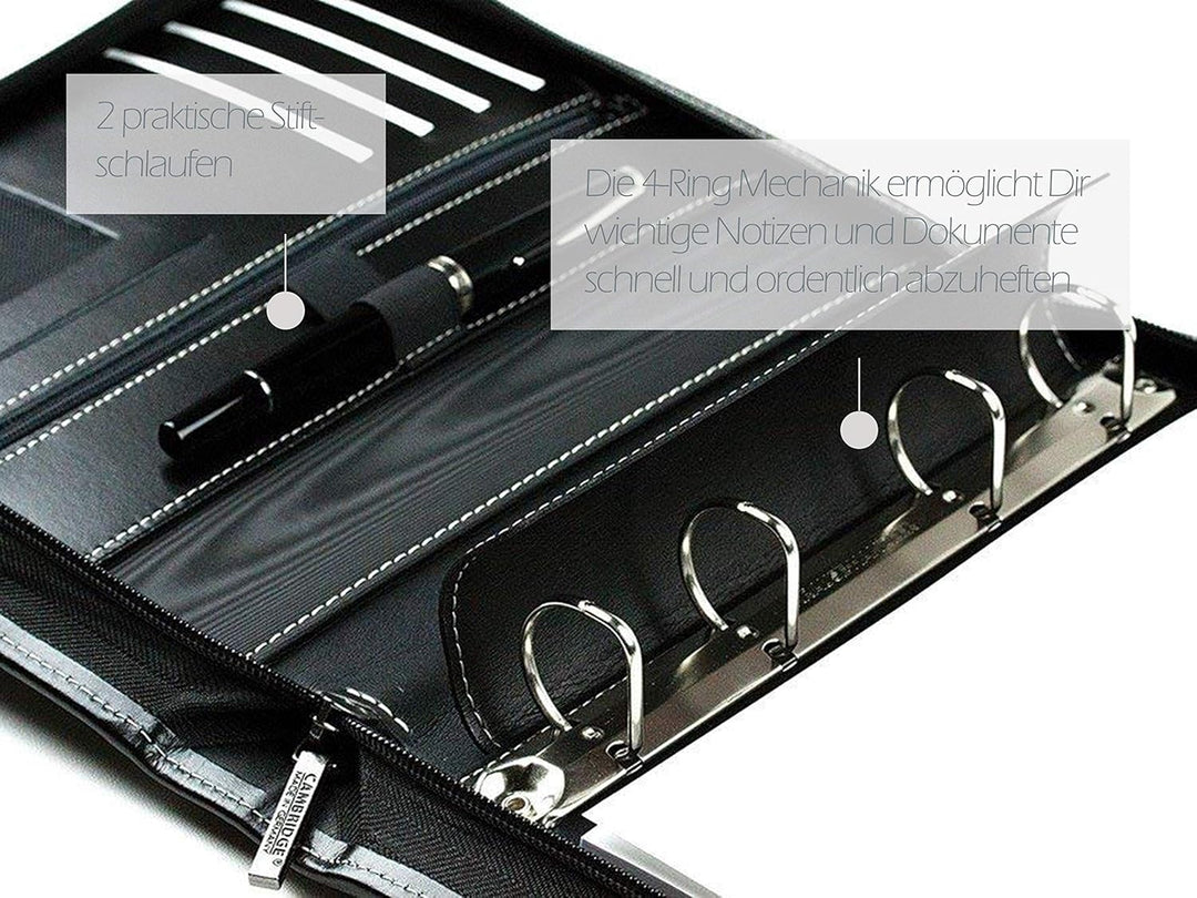 DELMON VARONE - Personalisierbare Ringbuch Schreibmappe DIN A5 aus Cambridge Top Grain Leder schwarz
