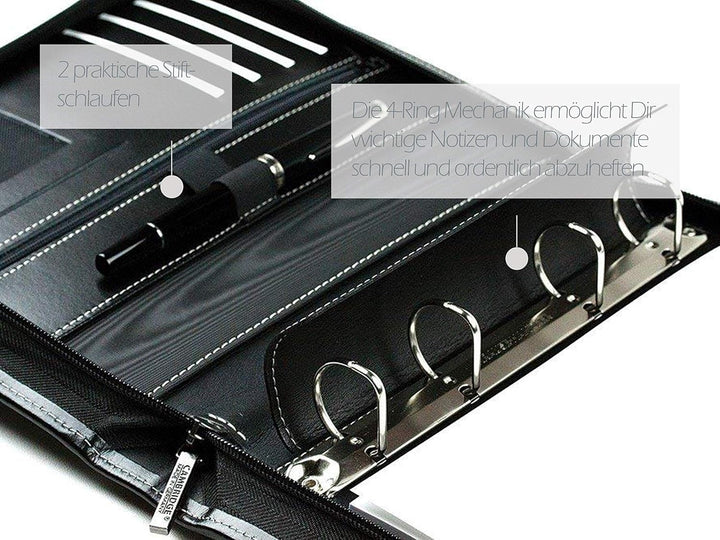 DELMON VARONE - Personalisierbare Ringbuch Schreibmappe DIN A5 aus Cambridge Top Grain Leder schwarz
