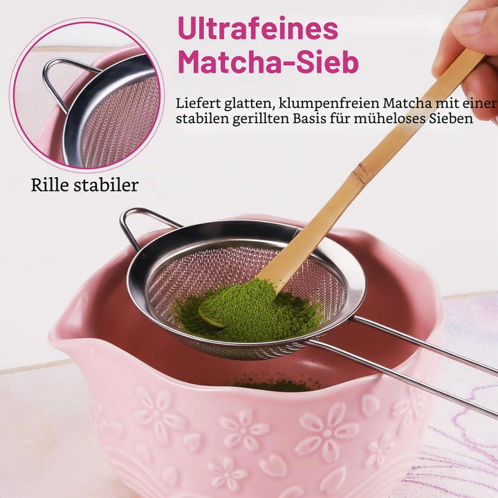 Matcha Set Pink, 8 Stück Matcha Tee Sets mit Matcha Besen und Schale, Schaufel, Löffelständer, Besen
