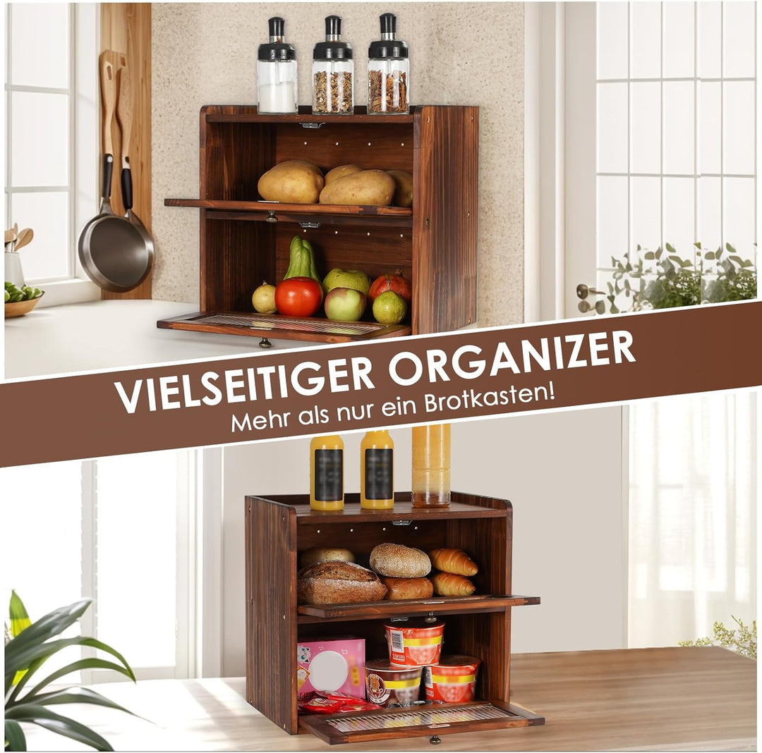 GUUSII HOME Brotkasten Gross Brotbox Küche Holz Gross Brotaufbewahrung 2 Etagen Brotkästen XL 36x24x