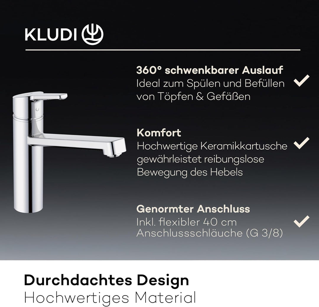 KLUDI-M3 Niederdruck Armatur Küche 360° schwenkbar, Wasserhahn Küche mit 1 Strahlart, Mischbatterie