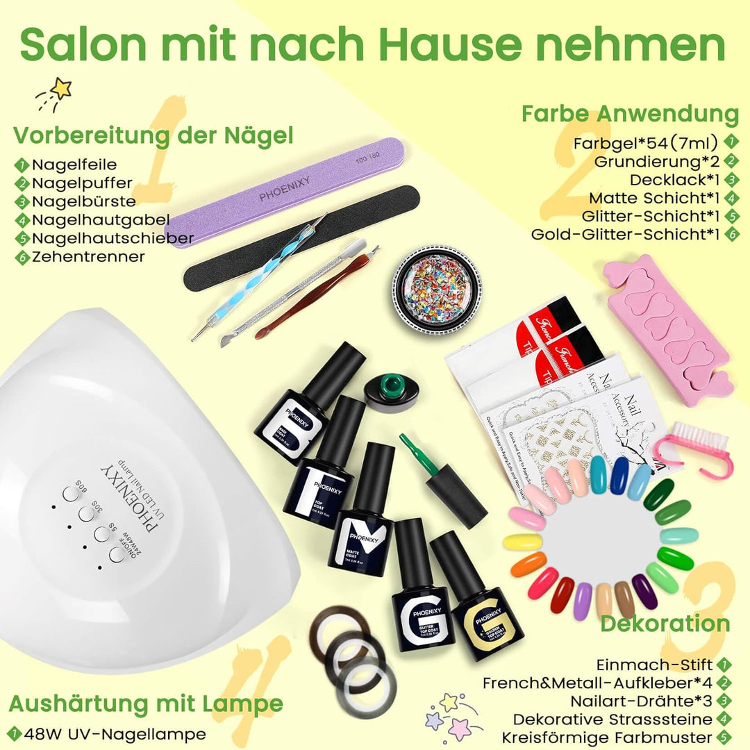 U V Nagellack Set, Phoenixy Nagelset Gelnägel Starterset mit 48W U V/LED Nagellampe 54 Farben Gelnäg