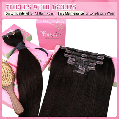 YoungSee Echthaar Extensions Clip Braun Clip in Extensions Echthaar Dunkelbraun 45 cm Clip in Extens