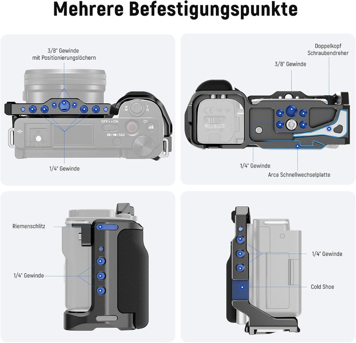 NEEWER ZV-E10 Kamerakäfig mit Silikongriff, 1/4" Gewinde, 3/8" ARRI Positionierungslöcher, Arca Typ