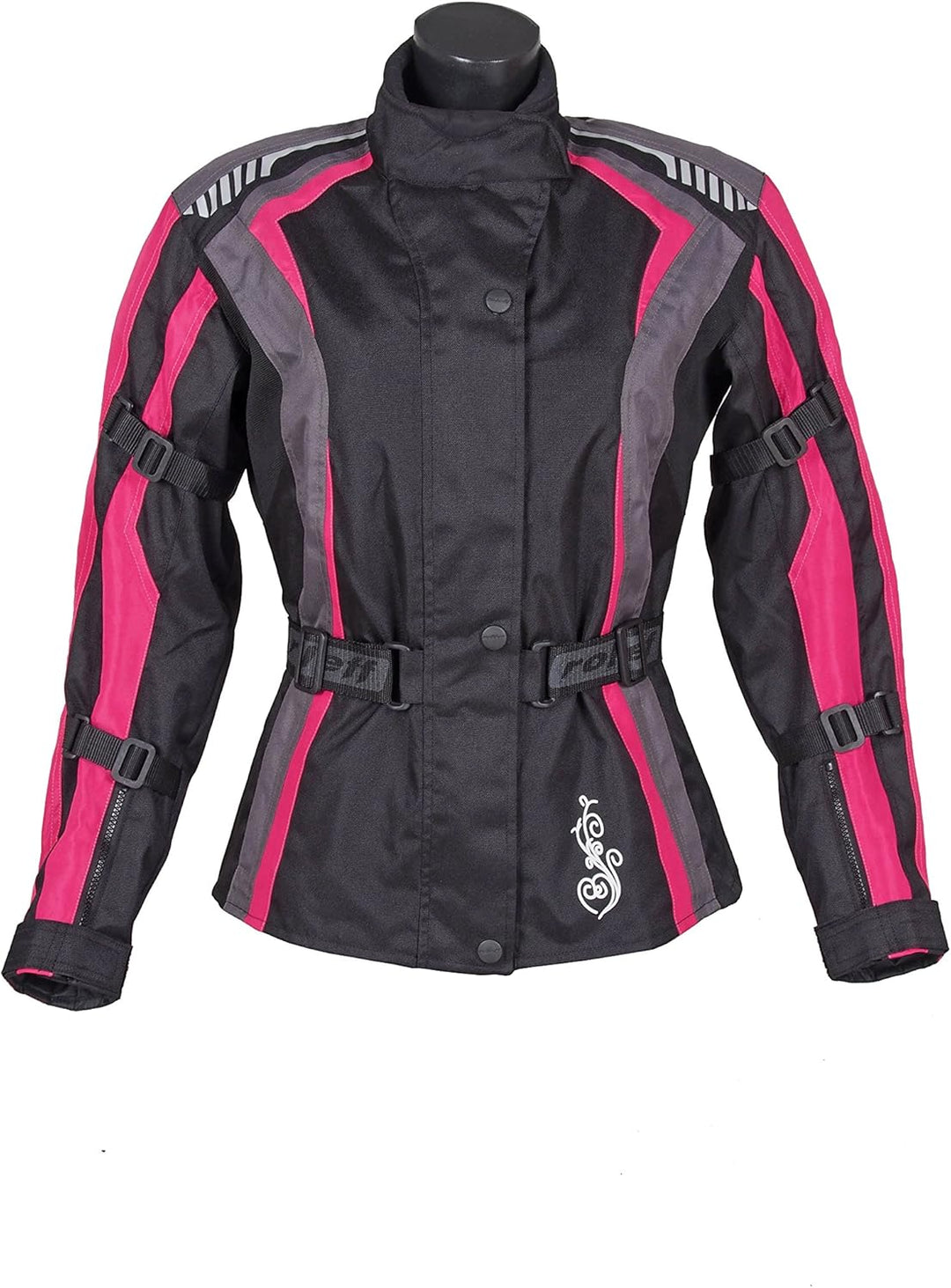 Damen Textil Motorradjacke mit CE Protektoren, gute Belüftung, taillierter Schnitt XS Black, Pink, G