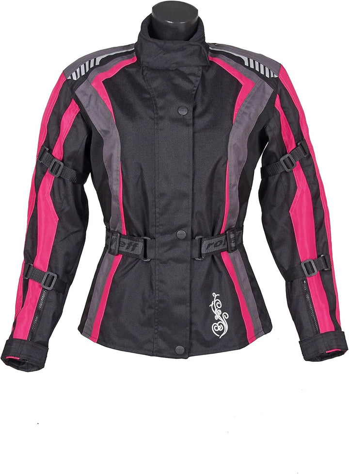 Damen Textil Motorradjacke mit CE Protektoren, gute Belüftung, taillierter Schnitt XS Black, Pink, G