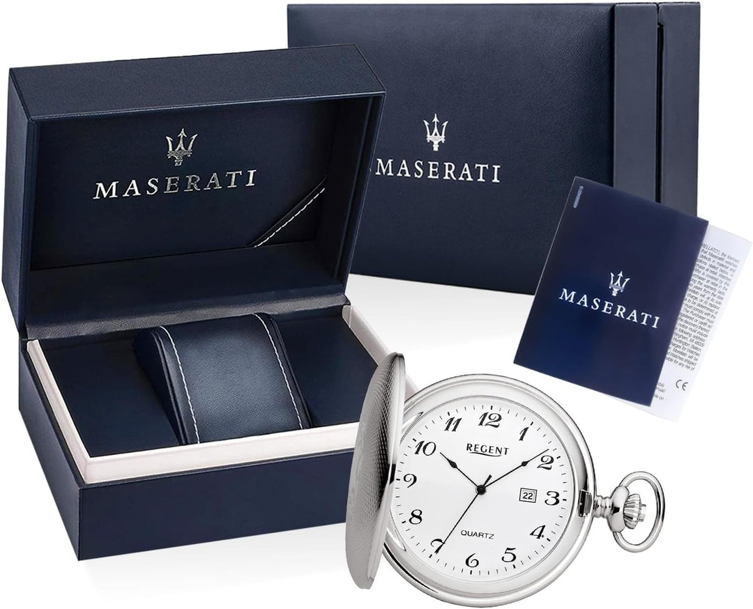 REGENT Herren Taschenuhr Savonnette Klappdeckel 47 MM Quarz Weisses Zifferblatt Arabische Zahlen Dat