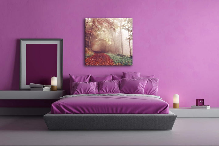 deyoli vernebelter Waldweg im Herbst Format: 70x70 als Leinwand, Motiv fertig gerahmt auf Echtholzra