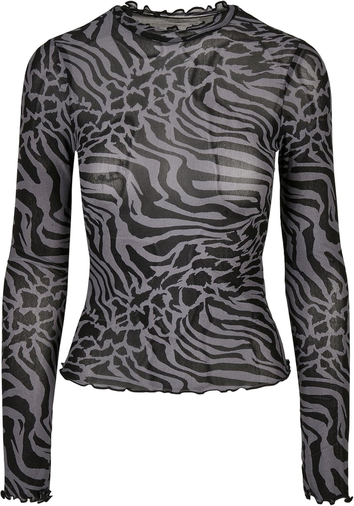 Urban Classics Damen Ladies AOP Mesh Turtleneck Longsleeve XS Asphalt/Black, XS Asphalt/Black