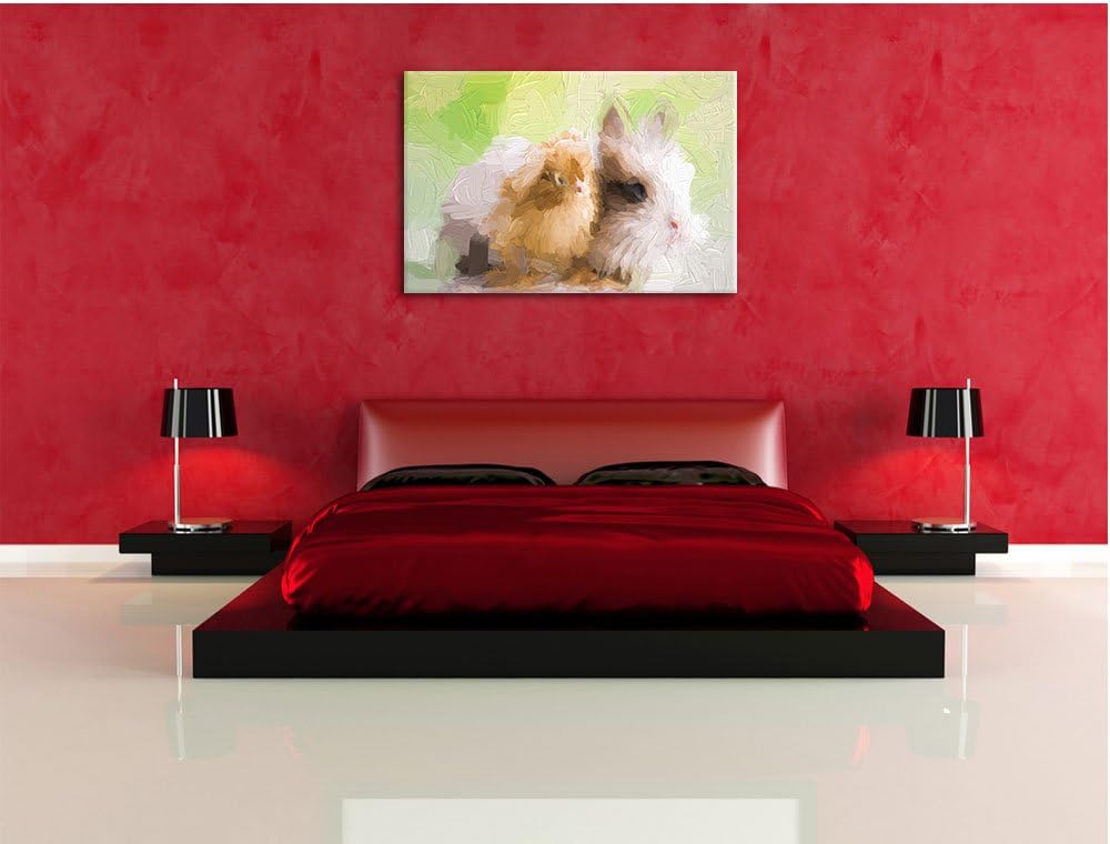 Pixxprint kleines Küken mit süssem Häschen Kunst Pinsel Effekt, Format: 100x70 auf Leinwand, XXL rie