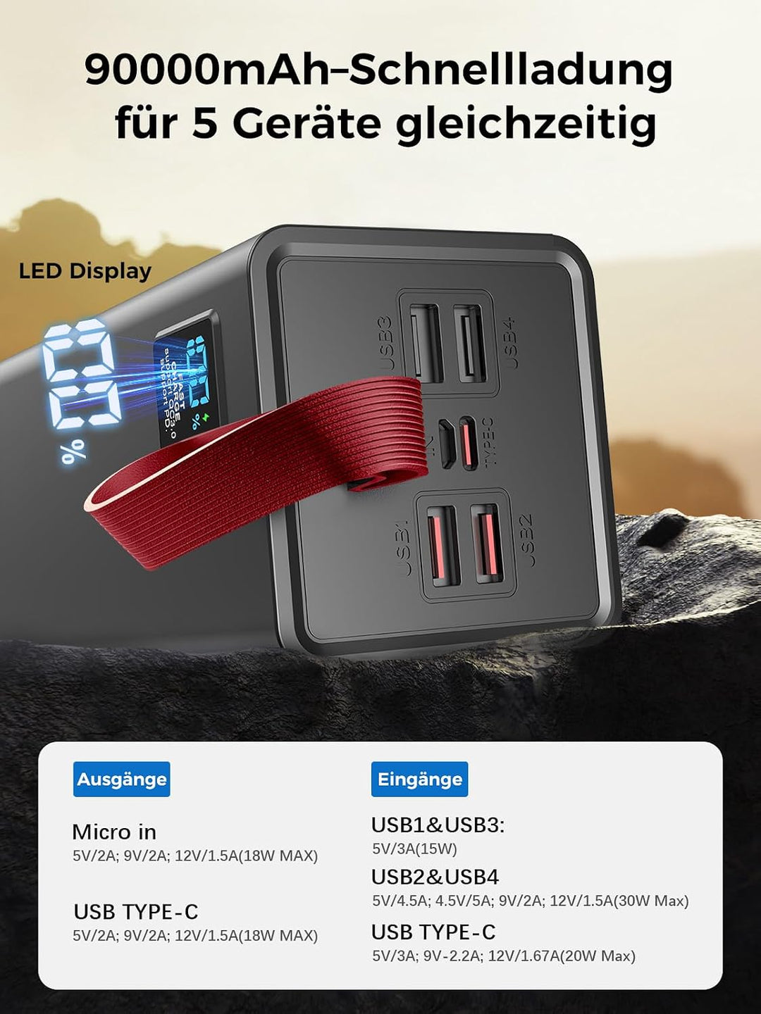 Power Bank 90000mAh PD 30W USB C mit LED Display 2 Eingängen &amp; 5 AusgängenSchnellladung Externer Akk