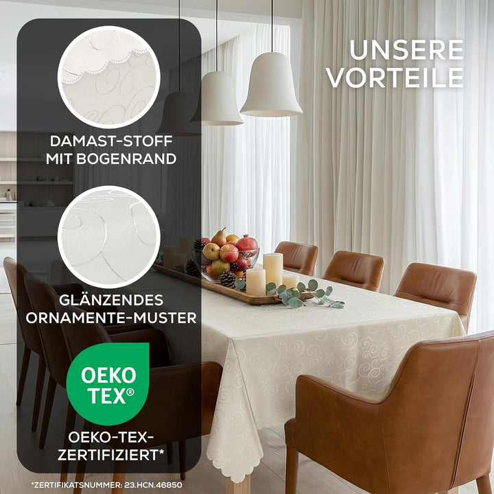 BEAUTEX Tischdecke Damast Ornamente - Bügelfreies Tischtuch - Fleckabweisende, Pflegeleichte Tischwä