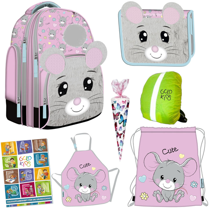 GOLDKIDS - Schulranzen für Jungen und Mädchen ab 1 Klasse - Schul-Rucksack für Kinder mit Mouse-Moti
