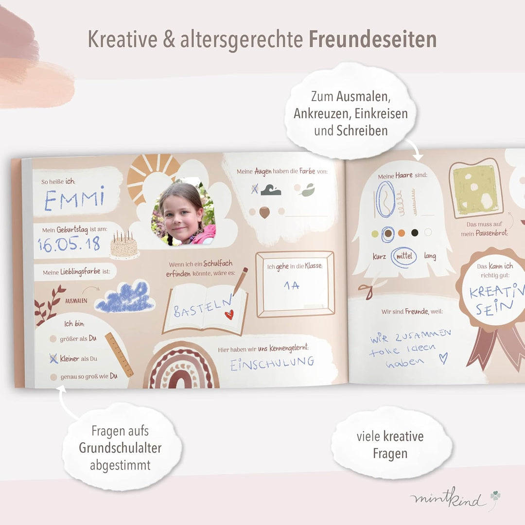 mintkind® „Meine Schulfreunde“ Freundebuch Schule Mädchen und Jungen Boho Design | Freundschaftsbuch