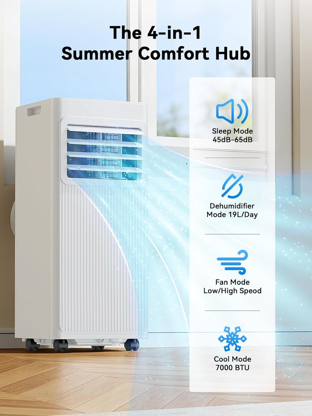 Mobile Klimaanlage 7000 BTU, 4-in-1 Klimagerät mit Abluftschlauch &amp; 4m Fensterabdichtung für Schiebe