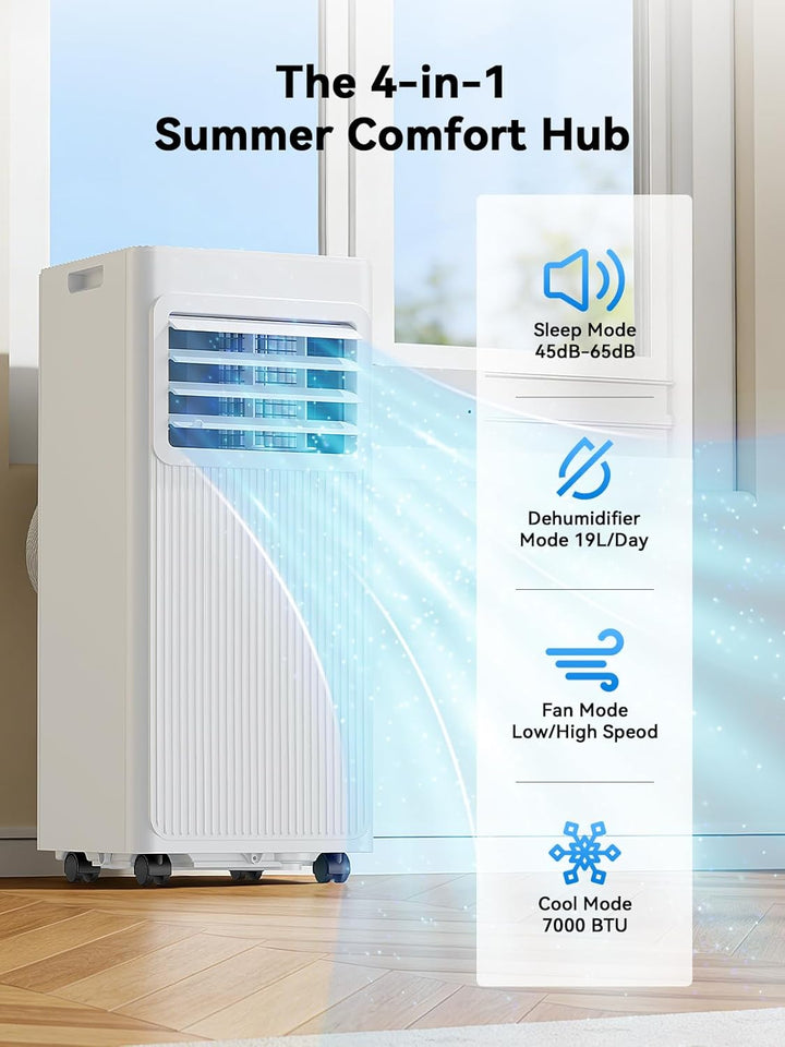 Mobile Klimaanlage 7000 BTU, 4-in-1 Klimagerät mit Abluftschlauch &amp; 4m Fensterabdichtung für Schiebe