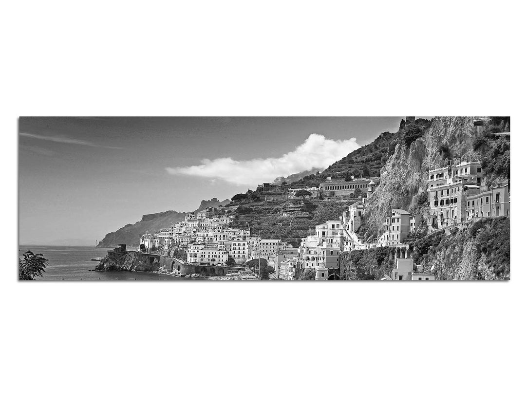 Paul Sinus Art Leinwandfoto als Panorama SCHWARZ/Weiss 150x50cm Italien Amalfi Meeresstadt Berge Mee