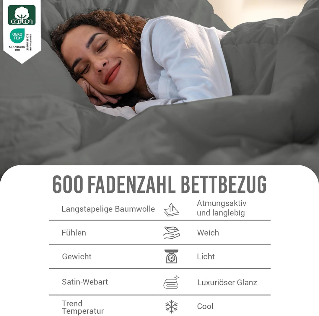 Pizuna 600 Fadenzahl aus Baumwolle Bettwäsche Anthrazit Grau, 100% Langstaple Baumwolle Bettbezug un