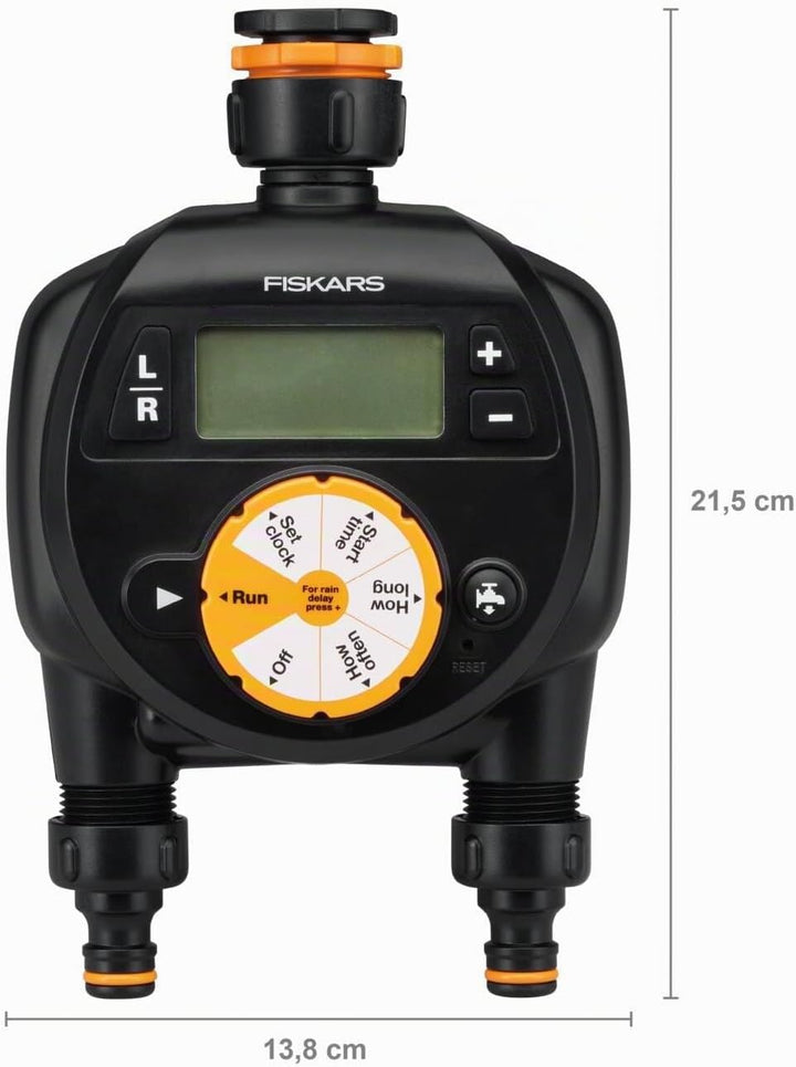 Fiskars Zeitschaltuhr/Timer mit 2 Ausgängen, Für alle gängigen Wasserhahngrössen, Leicht ablesbares