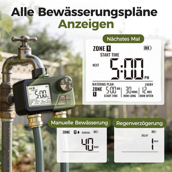 Diivoo Funkfernbedienung Bewässerungscomputer 2 Ausgänge, IP66 Bewässerungsuhr mit Grosses LCD-Displ