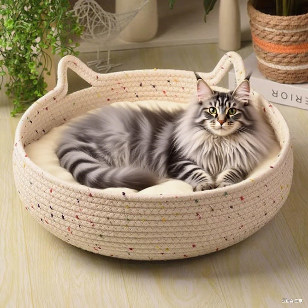 Katzenbett Waschbar, Katzenkorb zum Schlafen aus Baumwollseilen, Rund Katzenkörbchen Baumwollekissen